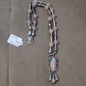 Vintage 925  Sterling Silver Necklace With Rose Quartz Pendant